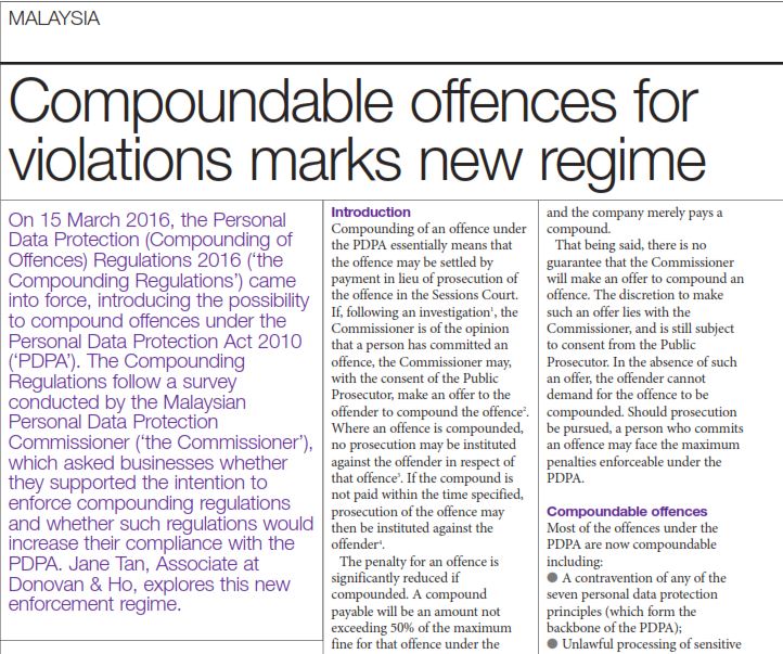 Extract of the article (Compoundable Offences for Violations Marks New Regime) . Is your business compliant with the Personal Data Protection Act?